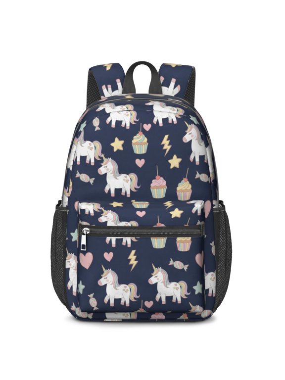 Unicorn and Cupcake Blue Pattern 17" School Backpacks for Teens,Waterproof Oxford Fabric,S-Shape Padded Straps for School,Travel,Hiking,Camping