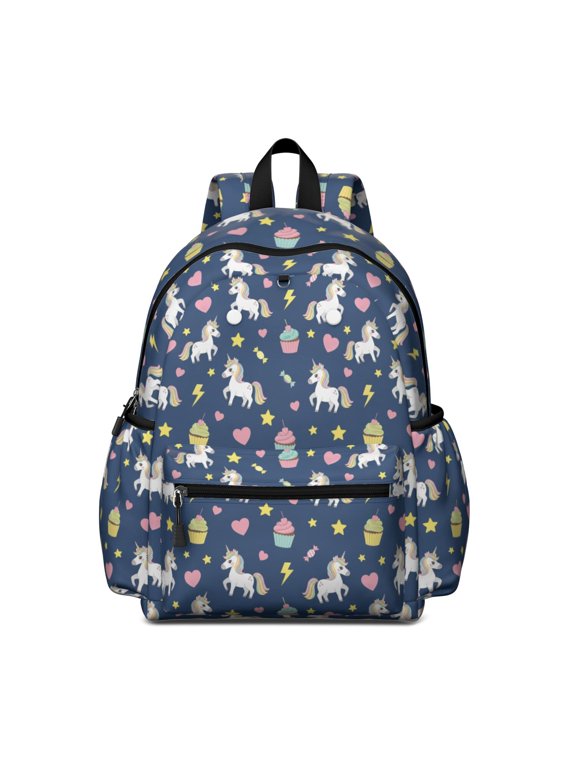 Unicorn and Cupcake Blue Pattern Cute School Backpack with Padded Back and Adjustable Shoulder Straps 13.4"x11"x4.7"