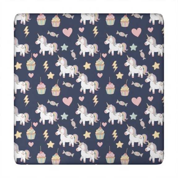 Unicorn and Cupcake Blue Pattern Square Fitted Tablecloth with Elastic Edge, Washable Table Cover for Home Kitchen Party and Daily Decor 34"x34"