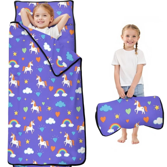 Unicorn and Diamond Purple Pattern Teens Toddler Nap Mat with Pillow, Sleeping Mat Bag for Preschool Daycare 59"x22"