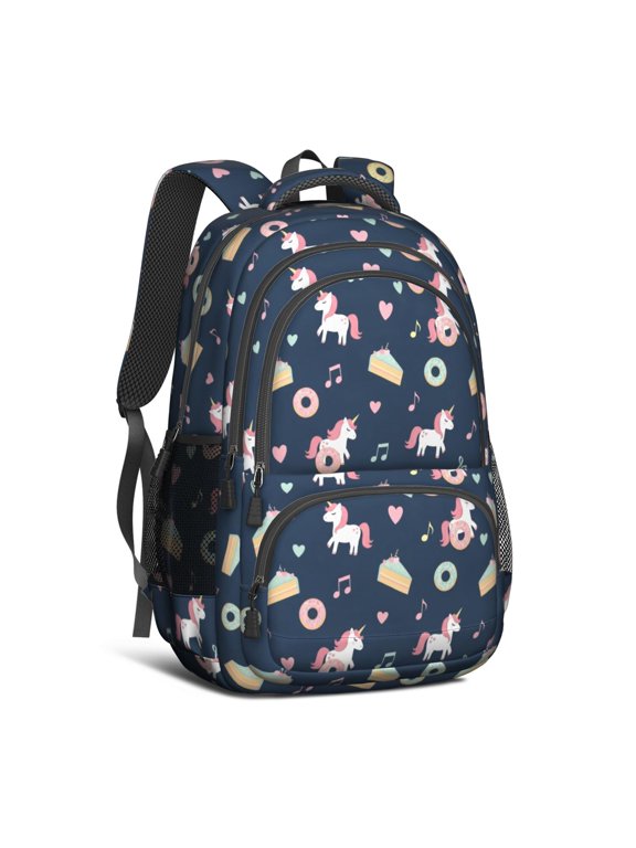 Unicorn and Donut Blue Pattern Backpack for School, Cute School Bag with Adjustable Shoulder Straps and Padded Back, 16.9"x12.6"x5.9"
