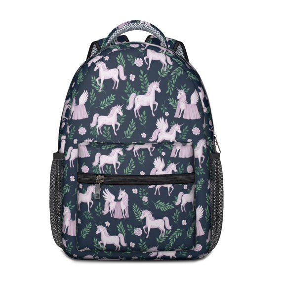 Unicorn and Fairy Blue Pattern Backpack for School, Cute School Bag with Adjustable Shoulder Straps and Padded Back, 15.3"x11"x6.7"