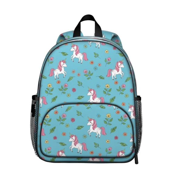 Unicorn and Flower Blue Pattern Backpack for School, Cute School Bag with Adjustable Shoulder Straps and Padded Back, 13.8"x11.4"x6"