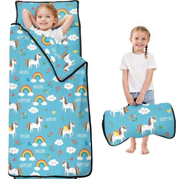 Unicorn and Flower Blue Pattern Teens Toddler Nap Mat with Pillow, Sleeping Mat Bag for Preschool Daycare 59"x22"