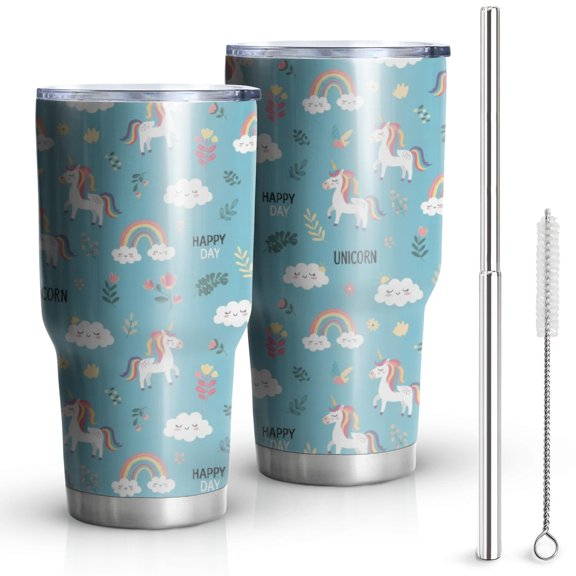 Unicorn and Flower Blue Pattern Tumbler 1 Pack, Vacuum Insulated Large Capacity Drink Tumbler Pc Sliding Lid Gifts Ideas for Birthday Holiday Party