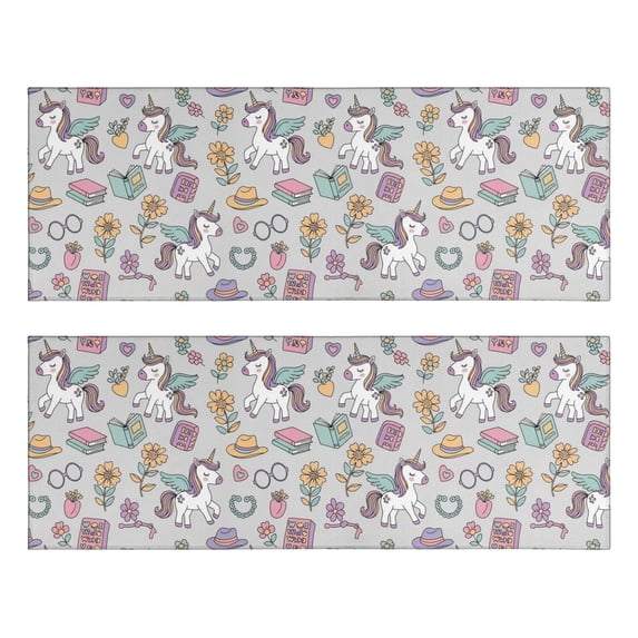 Unicorn and Flower Gray Pattern Anti Fatigue Kitchen Rugs Set Of 2, Non Slip Washable Decorative Floor Mats for Sink Laundry and Home Use, 17"x47"