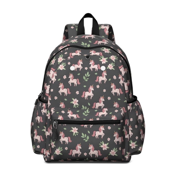 Unicorn and Flower Grey Pattern Cute School Backpack with Padded Back and Adjustable Shoulder Straps 13.4"x11"x4.7"
