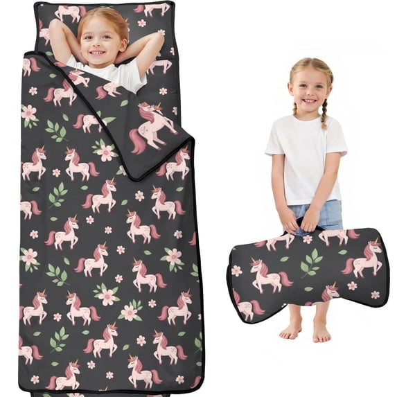 Unicorn and Flower Grey Pattern Teens Toddler Nap Mat with Pillow, Sleeping Mat Bag for Preschool Daycare 60"x20"