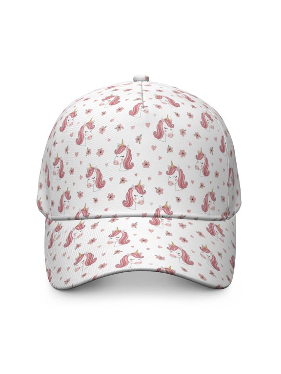 Unicorn and Flower White Pattern Baseball Cap, Structured Flat Bill Hat with Snap Closure & Sweatband, Breathable Eyelets Gifts for Unisex Men Women