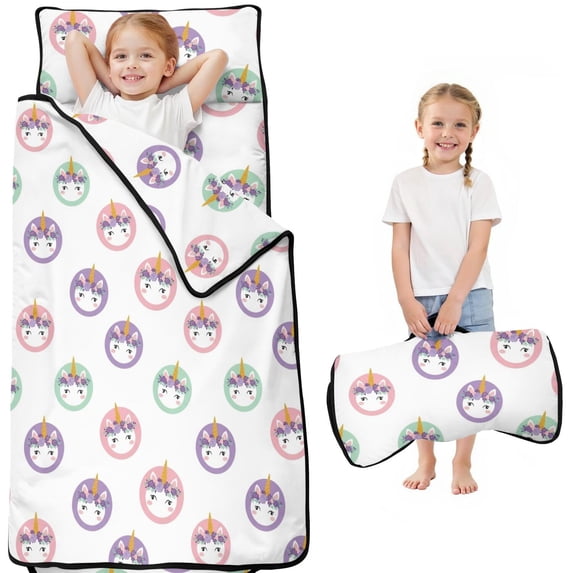 Unicorn and Flower White Pattern Teens Toddler Nap Mat with Pillow, Sleeping Mat Bag for Preschool Daycare 51"x22"