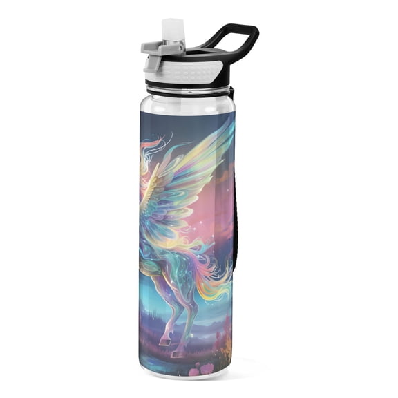 Unicorn and Flowers Sports Water Bottle Portable Travel Mug 32oz BPA Free Leak Proof Straw Transparent Tritan for Gym Yoga Cycling Camping