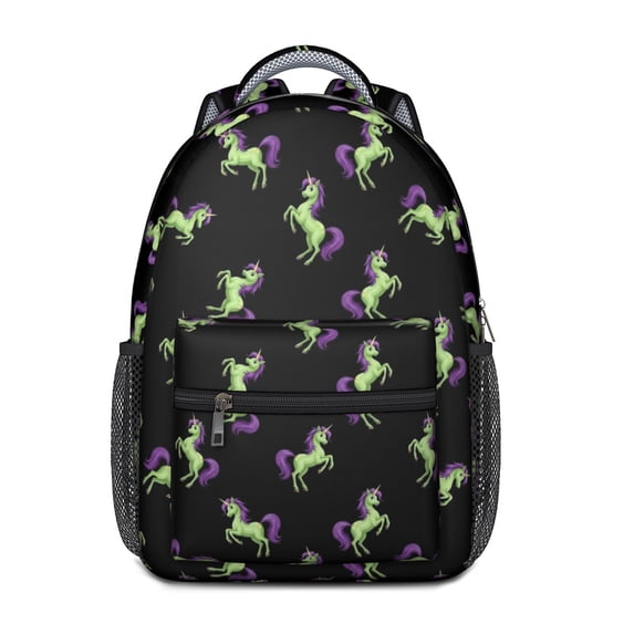 Unicorn and Green Black Pattern Backpack for School, Cute School Bag with Adjustable Shoulder Straps and Padded Back, 15.3"x11"x6.7"