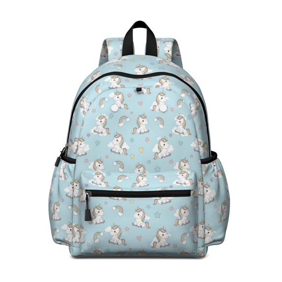 Unicorn and Heart Blue Pattern Cute School Backpack with Padded Back and Adjustable Shoulder Straps 13.4"x11"x4.7"