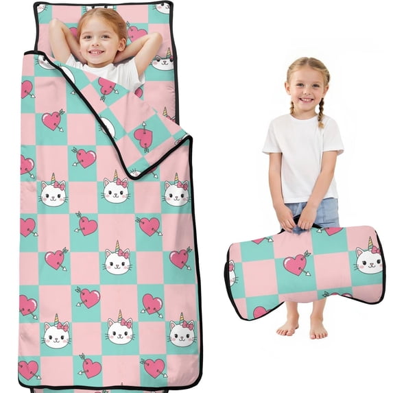 Unicorn and Heart Pink Pattern Teens Toddler Nap Mat with Pillow, Sleeping Mat Bag for Preschool Daycare 59"x22"