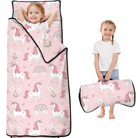 Unicorn and Heart Pink Pattern Teens Toddler Nap Mat with Pillow, Sleeping Mat Bag for Preschool Daycare 60"x20"