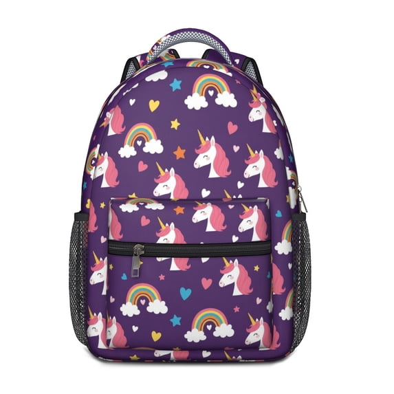 Unicorn and Heart Purple Pattern Backpack for School, Cute School Bag with Adjustable Shoulder Straps and Padded Back, 15.3"x11"x6.7"
