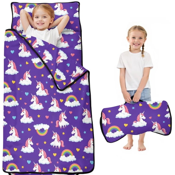 Unicorn and Heart Purple Pattern Teens Toddler Nap Mat with Pillow, Sleeping Mat Bag for Preschool Daycare 50"x20"