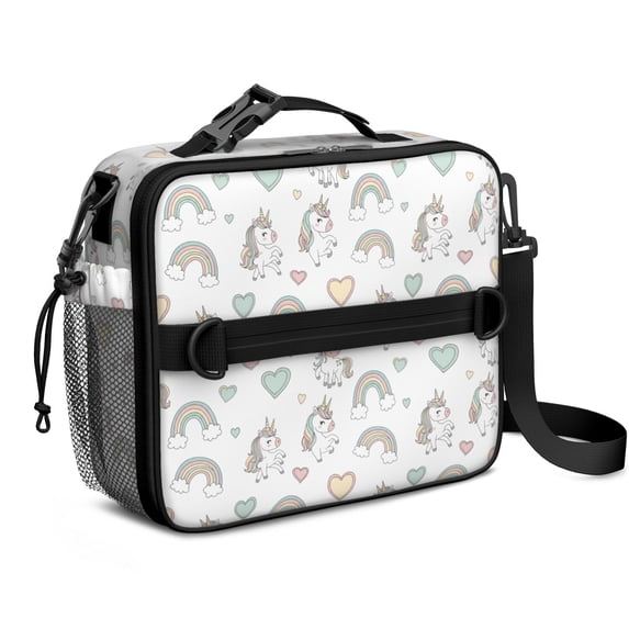 Unicorn and Heart White Pattern Insulated Lunch Bag with Shoulder Strap and Bottle Holder,Bento School Lunch Bag Box,11x9.5x3.5 Inches