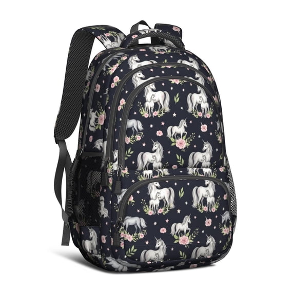 Unicorn and Horse Black Pattern Backpack for School, Cute School Bag with Adjustable Shoulder Straps and Padded Back, 16.9"x12.6"x5.9"