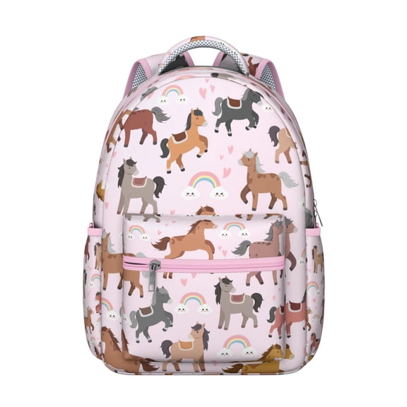 Unicorn and Horse Floral Print Student School Backpack with Pony Foal Rainbow Pattern Retro Rural Cute Design