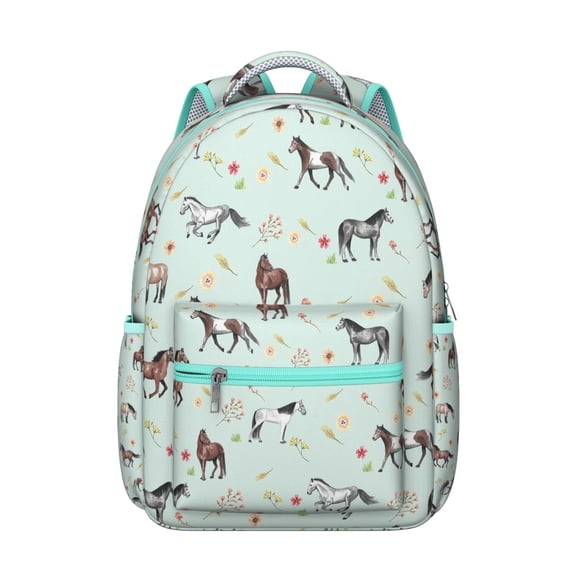 Unicorn and Horse Floral Print Student School Backpack with Pony Foal Rainbow Pattern Retro Rural Cute Design