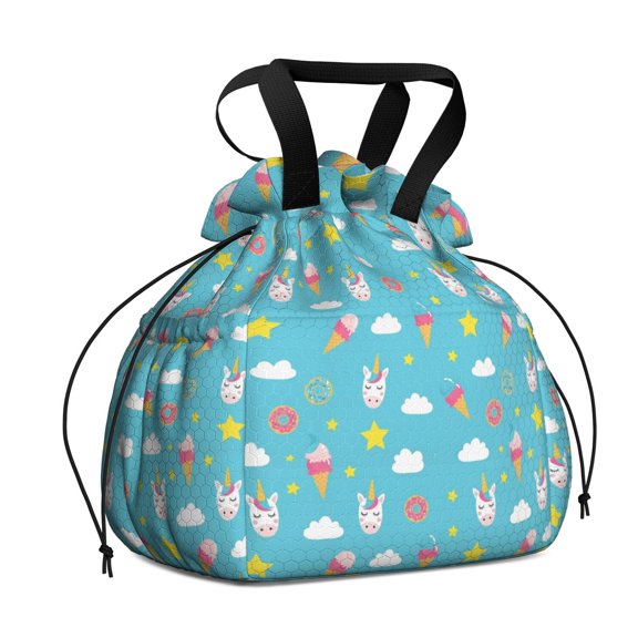 Unicorn and Ice Cream Blue Pattern Drawstring Insulated Lunch Bag for Women, Stain-Resistant Large Lunch Tote with Multi-Pockets for Work Office