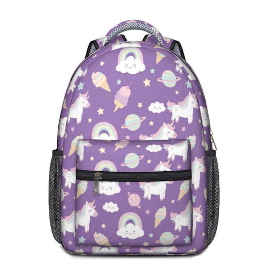 Unicorn and Ice Cream Purple Pattern Backpack for School, Cute School Bag with Adjustable Shoulder Straps and Padded Back, 15.3"x11"x6.7"