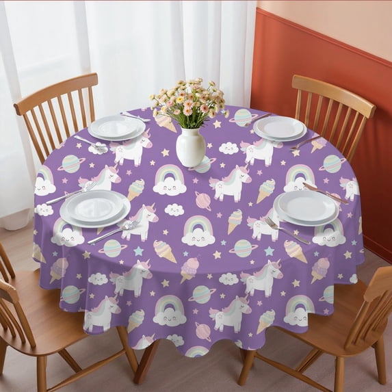 Unicorn and Ice Cream Purple Pattern Round Tablecloth 70"x70", Wrinkle Resistant Wipeable Table Cover for Kitchen Dining Room Picnic Patio and Party