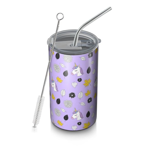 Unicorn and Leaf Purple Pattern OneSize Coffee Tumbler, Vacuum Insulated Vacuum Drink Cup Pc Sliding Lid Gifts Ideas for Party Birthday Holiday