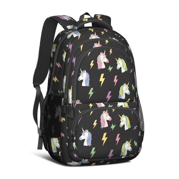 Unicorn and Lightning Black Pattern Backpack for School, Cute School Bag with Adjustable Shoulder Straps and Padded Back, 16.9"x12.6"x5.9"