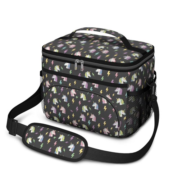 Unicorn and Lightning Black Pattern Insulated Lunch Box for Women Men, Medium Leakproof Cooler Bag with Adjustable Strap, 10"x6.7"x8"