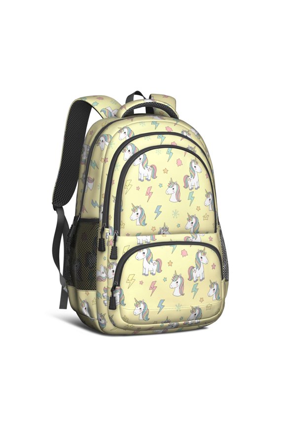 Unicorn and Lightning Yellow Pattern Cute School Backpack Bag with Padded Back and Adjustable Shoulder Straps 16.9 X 12.6 X 5.9 Inches