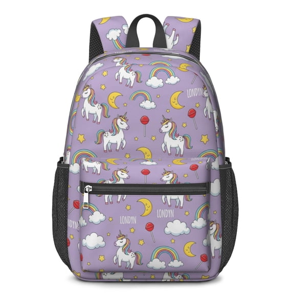 Unicorn and Lollipop Purple Pattern 17" Waterproof Oxford School Backpacks for Teens, S-Shape Padded Straps, for School, Travel, Hiking, Camping