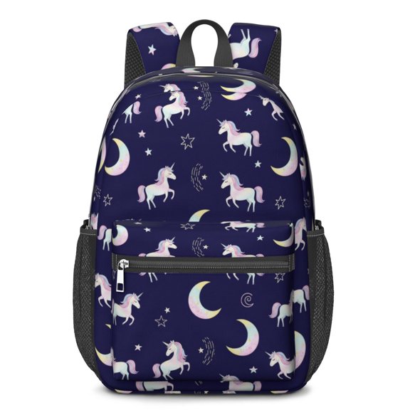 Unicorn and Moon Blue Pattern 17" School Backpacks for Teens,Waterproof Oxford Fabric,S-Shape Padded Straps for School,Travel,Hiking,Camping