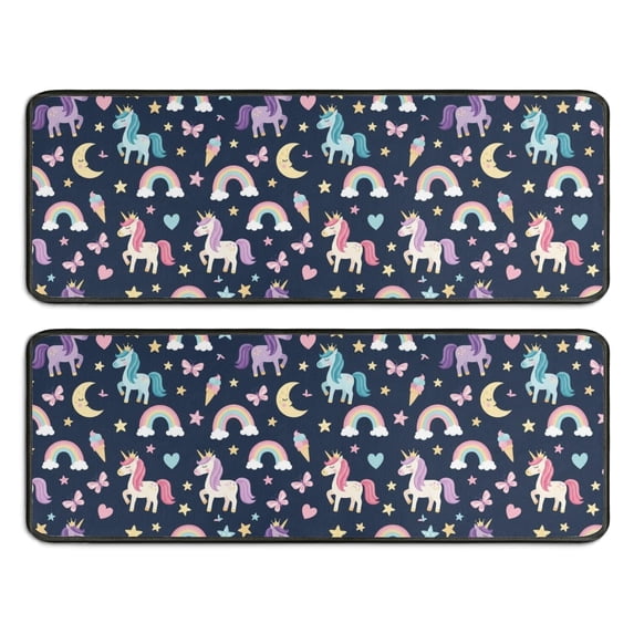 Unicorn and Moon Blue Pattern Anti Fatigue Kitchen Rugs Set Of 2, Non Slip Washable Decorative Floor Mats for Sink Laundry and Home Use, 17"x47"