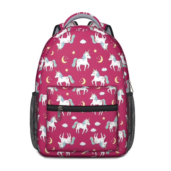 Unicorn and Moon Red Pattern Backpack for School, Cute School Bag with Adjustable Shoulder Straps and Padded Back, 15.3"x11"x6.7"