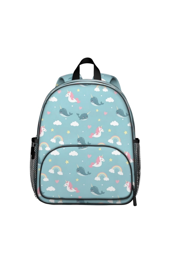 Unicorn and Narwhal Blue Pattern Backpack for School, Cute School Bag with Adjustable Shoulder Straps and Padded Back, 13.8"x11.4"x6"