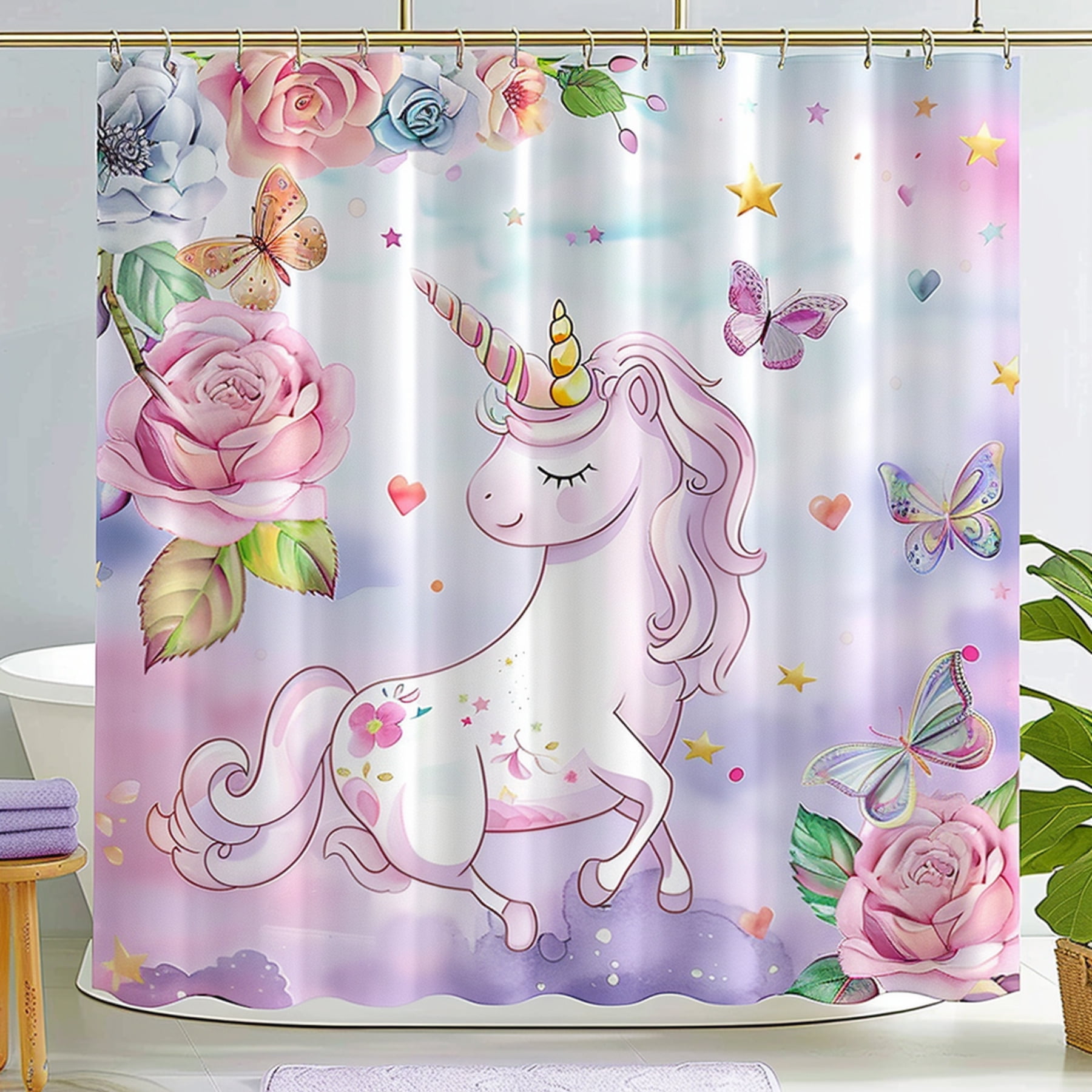 Unicorn and Pink Roses Cartoon Design Shower Curtain Set Cute Pastel ...