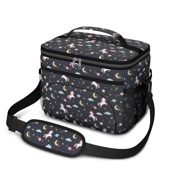 Unicorn and Planet Black Pattern Insulated Lunch Box for Women Men, Medium Leakproof Cooler Bag with Adjustable Strap, 10"x6.7"x8"