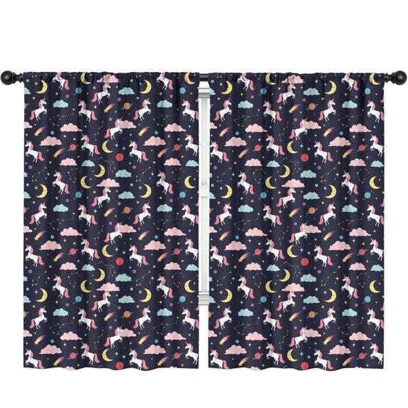 Unicorn and Planet Black Pattern Insulated Teens Curtains Set Of 2, Bedroom Essentials, Toddler Room Decor 52"x84"