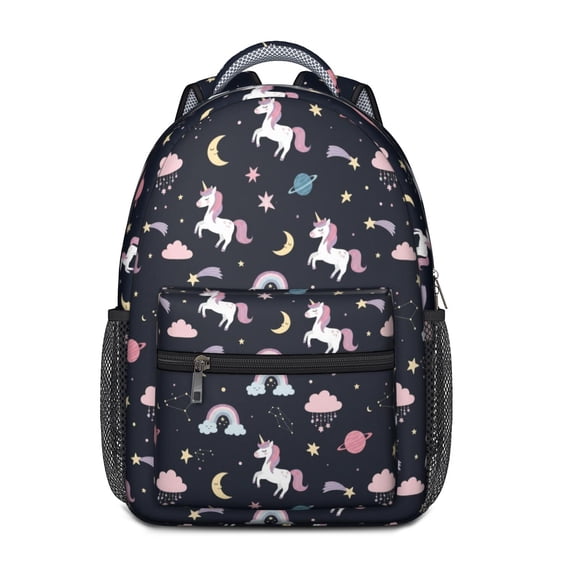 Unicorn and Planet Blue Pattern Backpack for School, Cute School Bag with Adjustable Shoulder Straps and Padded Back, 15.3"x11"x6.7"