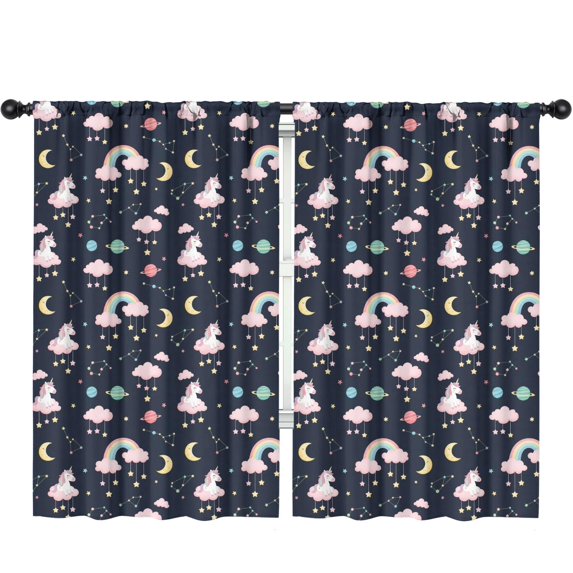 Unicorn and Planet Blue Pattern Insulated Teens Curtains Set Of 2, Bedroom Essentials, Toddler Room Decor 52"x84"
