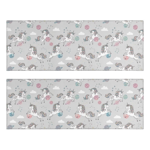 Unicorn and Planet Gray Pattern Anti Fatigue Kitchen Rugs Set Of 2, Non Slip Washable Decorative Floor Mats for Sink Laundry and Home Use, 17"x47"