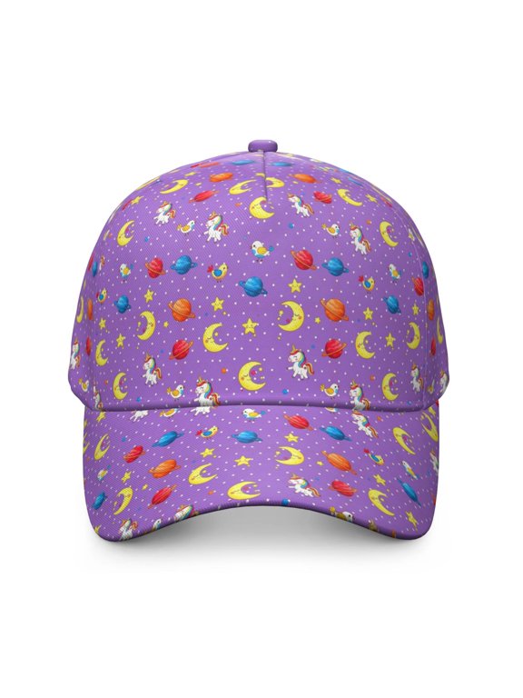 Unicorn and Planet Purple Pattern Baseball Cap, Casual Daily Hat with Snap Closure & Sweatband, Breathable Eyelets Gifts for Unisex Men Women