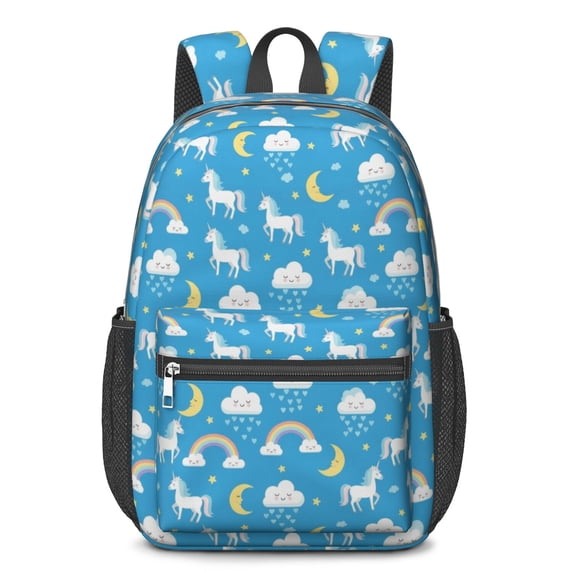 Unicorn and Rainbow Blue Pattern 17" Waterproof Oxford School Backpacks for Teens, S-Shape Padded Straps, for School, Travel, Hiking, Camping