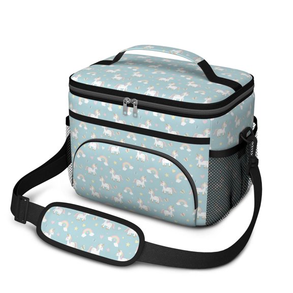 Unicorn and Rainbow Blue Pattern Insulated Lunch Box for Women Men, Medium Leakproof Cooler Bag with Adjustable Strap, 10"x6.7"x8"