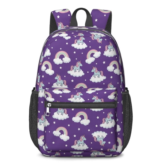 Unicorn and Rainbow Purple Pattern 17" Waterproof Oxford School Backpacks for Teens, S-Shape Padded Straps, for School, Travel, Hiking, Camping