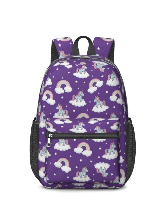 Unicorn and Rainbow Purple Pattern 17" Waterproof Oxford School Backpacks for Teens, S-Shape Padded Straps, for School, Travel, Hiking, Camping