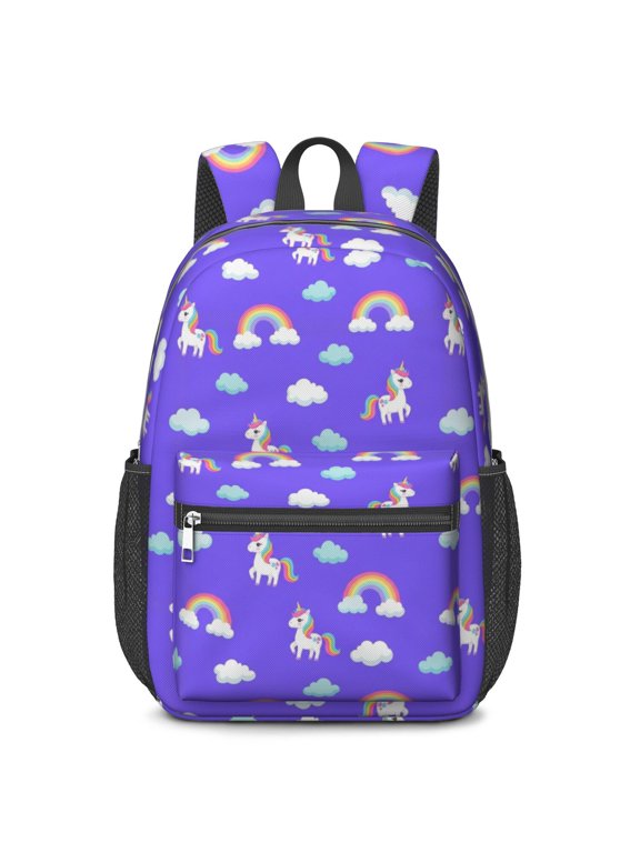 Unicorn and Rainbow Purple Pattern 17" Waterproof Oxford School Backpacks for Teens, S-Shape Padded Straps, for School, Travel, Hiking, Camping
