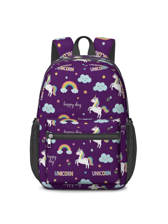 Unicorn and Rainbow Purple Pattern 17" Waterproof Oxford School Backpacks for Teens, S-Shape Padded Straps, for School, Travel, Hiking, Camping
